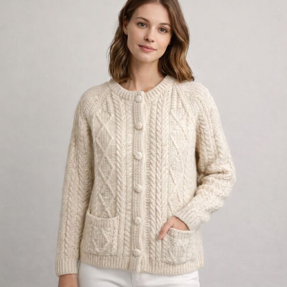 Vintage Handmade Irish Wool Cable Knit Cardigan Cream M